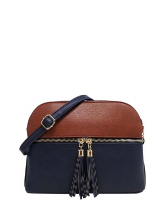 Dual Tone Zip Tassel Multi Compartment Crossbody Bag LP050 COFFEE DEEP SEA